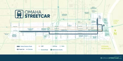 A map of the planned route of the Omaha Streetcar, as of January 2023.