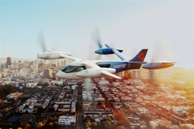 Rendering of white and red air taxi flying over cityscape.