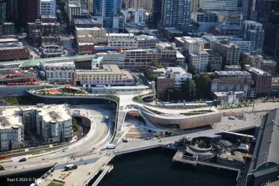 Aerial view of Overlook Walk cap park over former Alaskan Way Viaduct in Seattle, Washington.