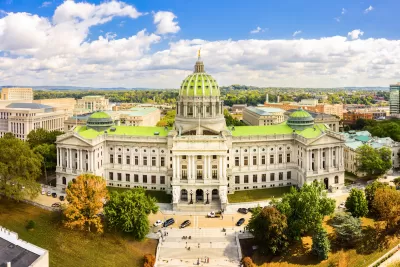 An aerial view of the Pennsylvania State Capitol building.