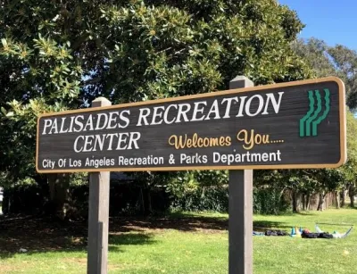 Sign for Palisades Recreation Center in Pacific Palisades, Los Angeles, California.