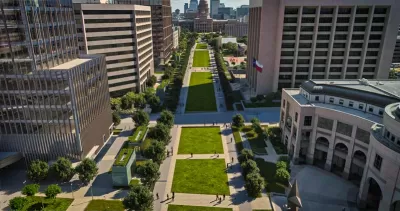 Rendering of Texas Mall with green lawns flanked by office towers and Capitol building at top