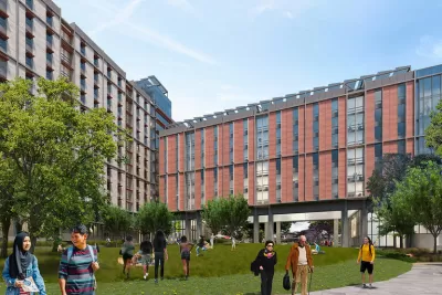 Rendering of red seven-story student housing building with students walking in open grassy plaza in front of building