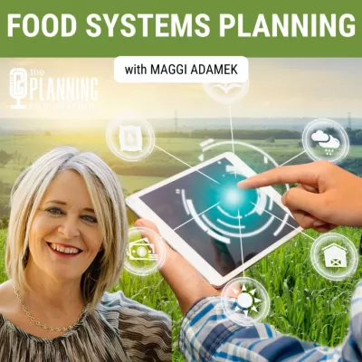Graphic of Maggi Adamek superimposed over green field and image of hands holding tabletfor The Planning Commission Podcast