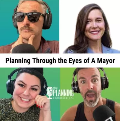 The Planning Commission podcast title card with headshots of three hosts and guest