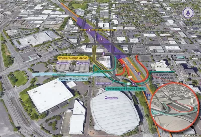Diagram of proposed Interstate 5 improvement project in Portland, Oregon showing new freeway cap and pedestrian and bicycle bridge.