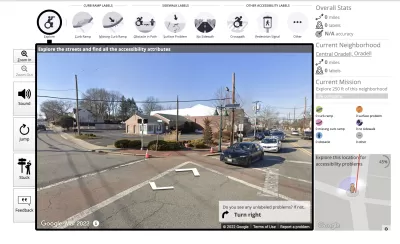 The website for Project Sidewalk shows a street with a menu for identifying issues with mobility infrastructure.