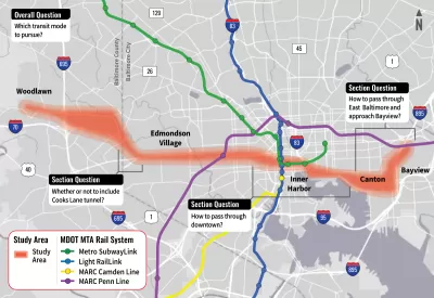 Map of proposed Baltimore Red Line transit line alignment with white boxes showing open questions