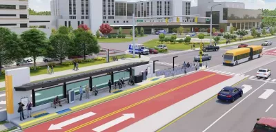 Rendering of proposed bus rapid transit station with dedicated bus lanes in Raleigh, North Carolina.
