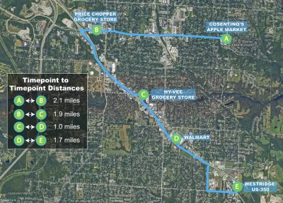 Map of bus route with five stops.