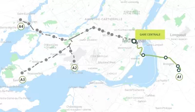 A map of the Réseau Express Métropolitain where it cuts across the Montreal region.