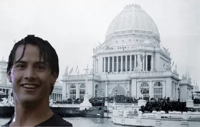 A image of the World's Columbian Exposition overlayed with a picture of Keanu Reeves in the rain from the movie Point Break.