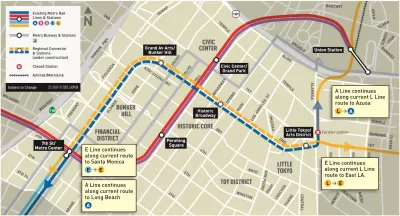 A map of the construction project to build two new rail transit routes through Downtown Los Angeles.