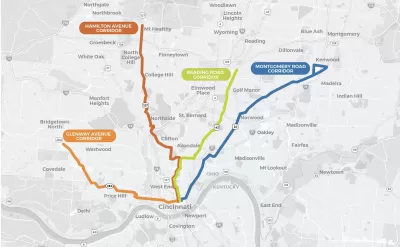 A map shows four proposed transit routes into and out of Cincinnati.