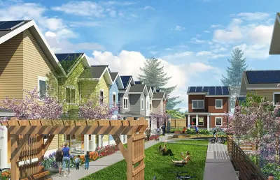 Rendering of row of colorful homes with pergola with purple flowers.