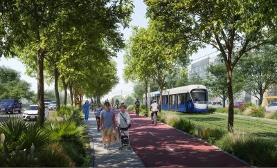 Rendering of blue and white light rail train passing next to tree-shaded walkway with pedestrians in Austin, Texas.