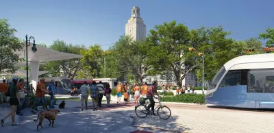 Rendering of light rail station with people walking around and white train pulling in with UT Austin clock tower visible in background.