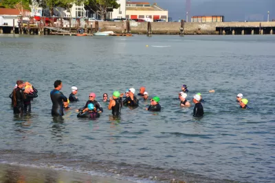 A group of wetsuit-clad swimmers gathers to talk in shallow water near the shore of the San Francisco Bay.