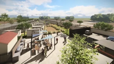 Rendering of micro-community with tiny homes and communal patio space for unhoused people.