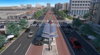 Rendering of bus rapid transit station in center of four-lane street in San Antonio, Texas.