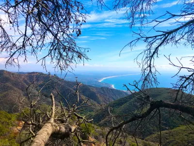 A view of the Pacific Ocean and California coastline from high in the Santa Monica Mountains.