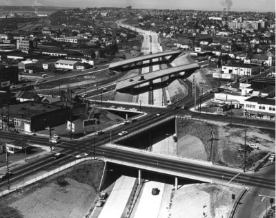 1965 photo of Rose Quarter freeway interchange in Portland, Oregon.
