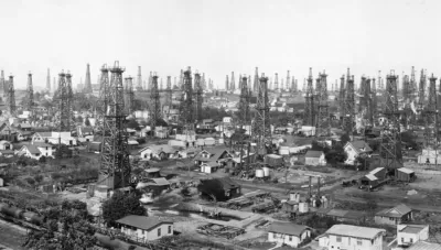 Oil field and houses in Signal Hill, California