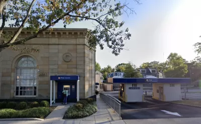 Google street view of historic one-story Chase Bank building (now PNC Bank) in Washington, D.C. with drive-through banking kiosk