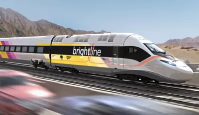 Rendering of Brightline West high-speed train with southwest desert mountains in background