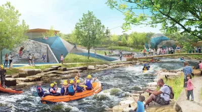 Rendering of kayakers on river and people sitting on riverbank in new park