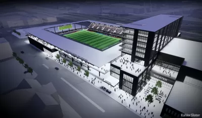 Rendering of downtown Milwaukee sports stadium with soccer field