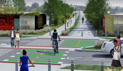 Rendering of Joe Lewis Greenway at crossing withh street with green striped crosswalk 