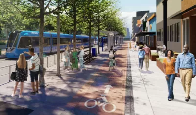 Rendering of blue light rail train and people walking around train station in Austin, Texas