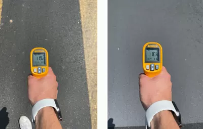 Side-by-side photos of hand holding thermometer above pavement; left photo shows 119 degrees, right photo shows 110 degrees, illustrating the effect of a cool pavement treatment.