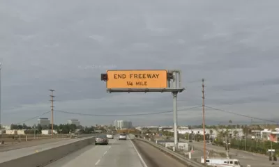 Google street view of yellow "End Freeway 1/4 mile" sign on 90 freeway in Los Angeles, California.
