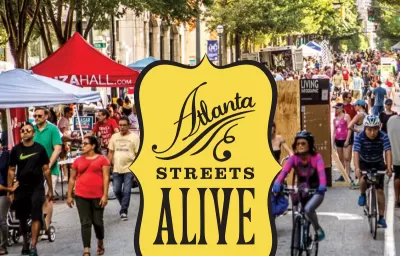 Photo of people biking and walking on pedestrianized street with superimposed yellow Atlanta Streets Alive logo in center.