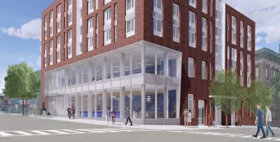 Rendering of reconstructed Sunset Park library branch in Brooklyn, NY with housing above ground-floor library branch.