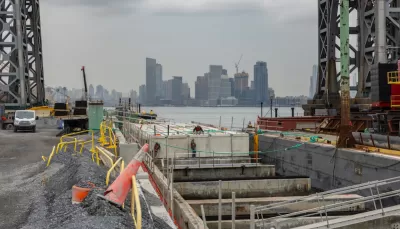 Concrete flood control infrastructure under construction in New York City.