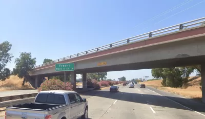 Google street view of American Avenue overpass over Highway 99 in Fresno, California.