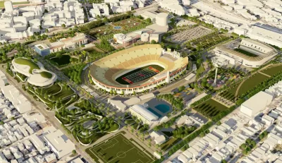 Rendering of aerial view of expanded Exposition Park in central Los Angeles with multiple sports stadiums and park facilities.