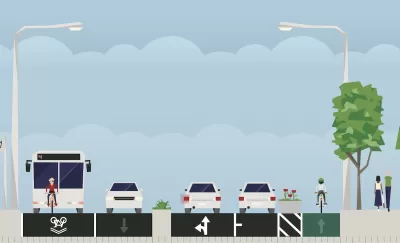 Graphic illustrating street with various lanes designed in Streetmix.