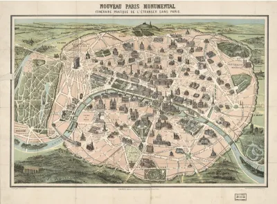 Map of Haussmann's redesign of Paris in the 1850s through 1870s under Napoleon III.