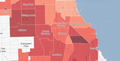 Color-coded map in shades of red of Chicago neighborhoods based on lead water lines.