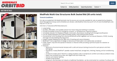 Screenshot of website advertising 50 micro-housing modular units on auction.