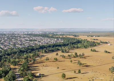 Rendering of homes next to open field for California Forever expansion proposal in Suisun City, California.