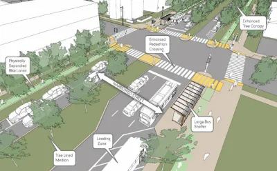 Rendering of redesigned 6th Street in Milwaukee with added bike lanes, pedestrian infrastructure, and landscaping.