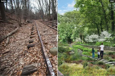 Side by side image of abandoned railroad track and same site transformed into walking trail.