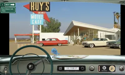 Screenshot of historic Route 66 Roy's Hotel in Amboy, California from Route 66 Rewind AI app.
