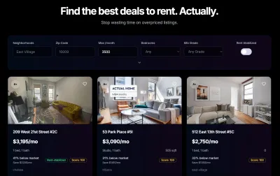 Screenshot of an affordable housing platform with black background and apartment listings