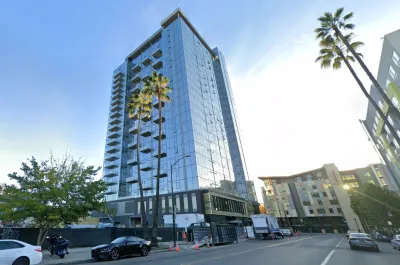 Modern glass high-rise apartment building in San Jose, California.